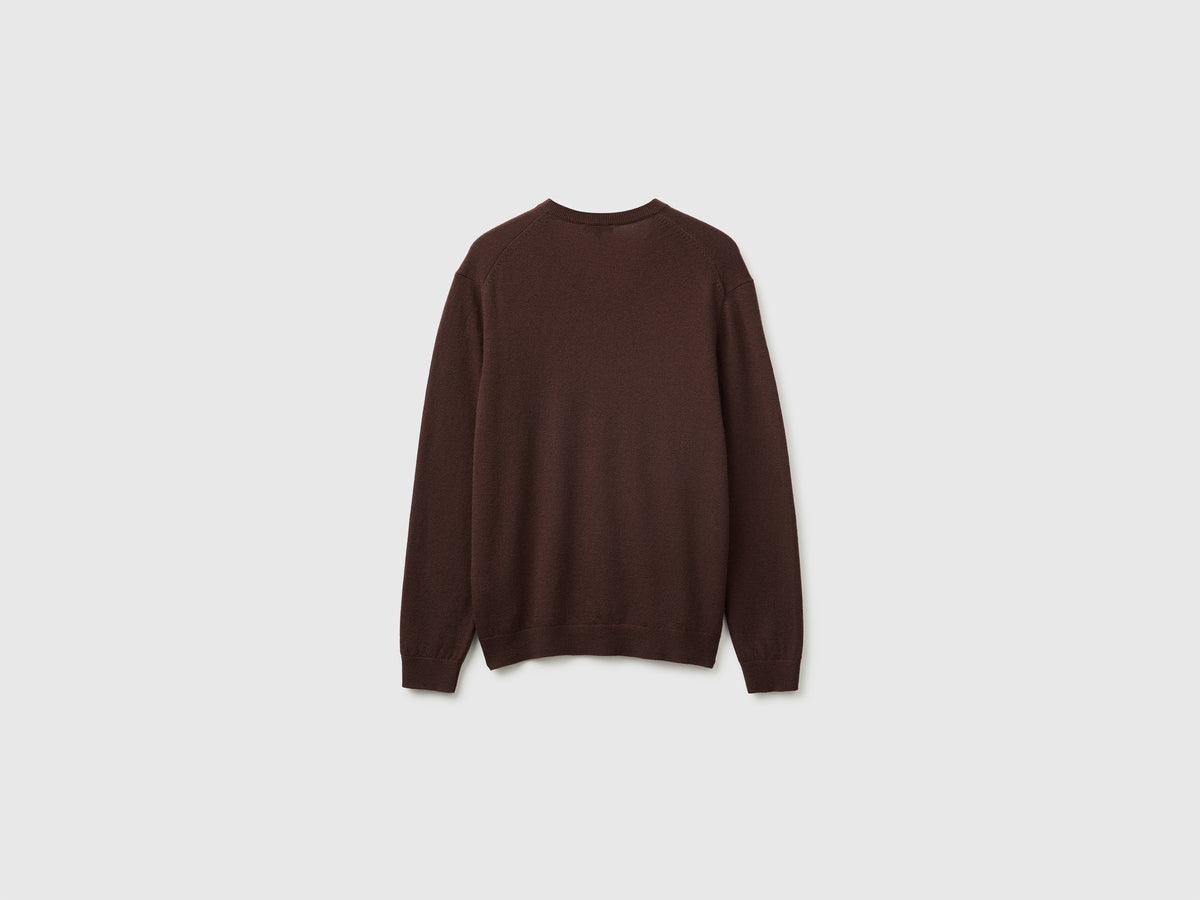 Camisola decote em V castanho-escuro em pura lã Merino - ucb_image_BS