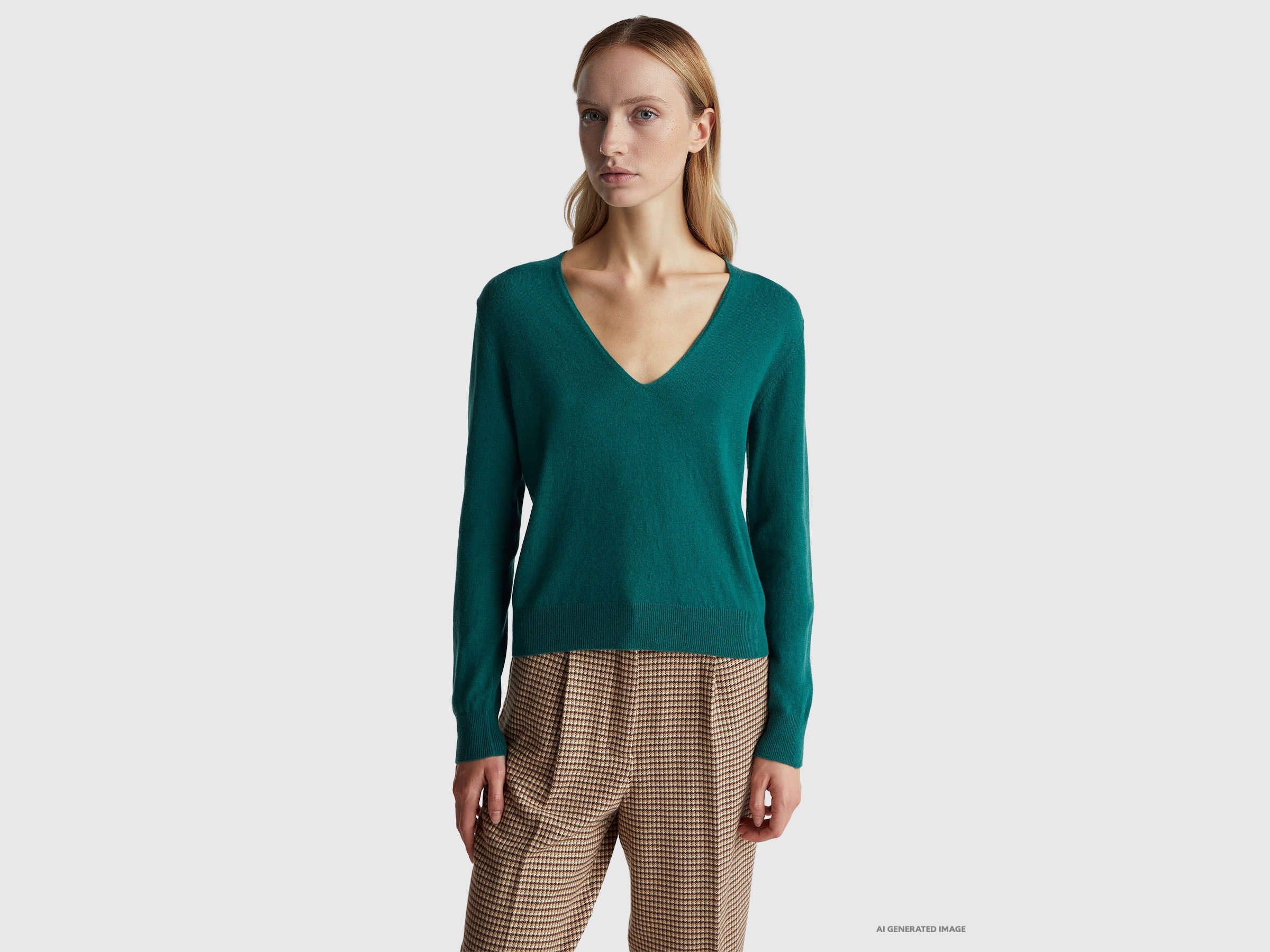 Camisola verde com decote em V em pura lã Merino - ucb_image_F