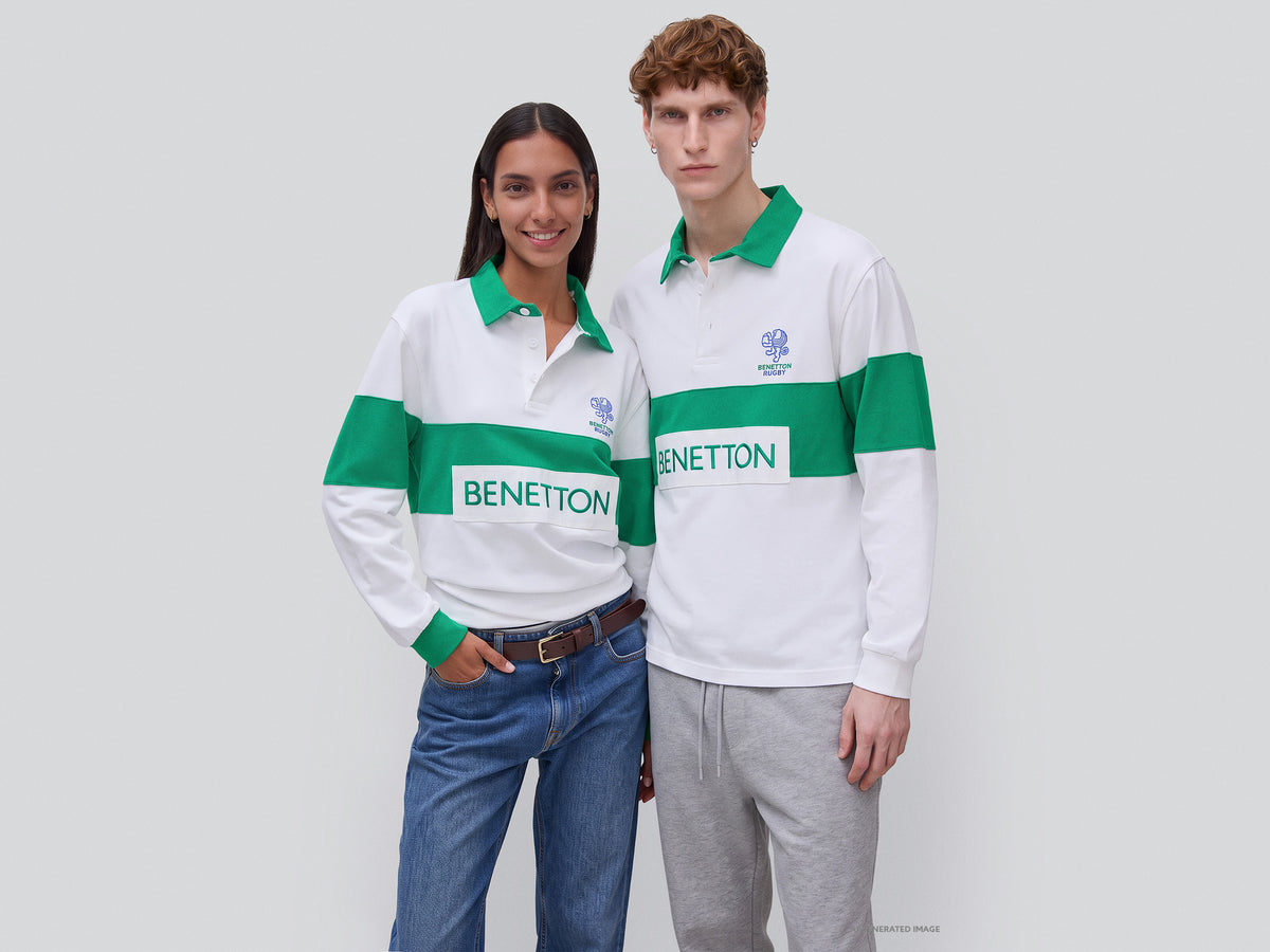 Polo branco e verde Benetton Rugby 100% algodão - ucb_image_F