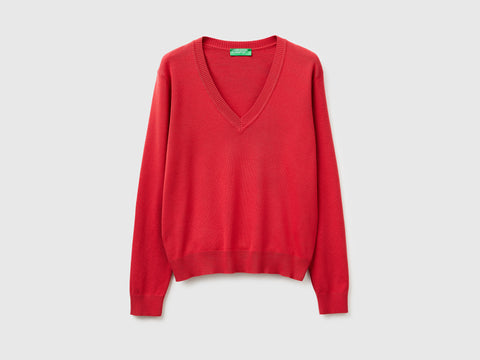 Strawberry red V-neck sweater in tricot cotton - ucb_image_FS