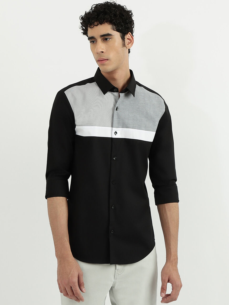 F/S POPLIN STR STRIPE PANEL BLOCK SHIRT image number null