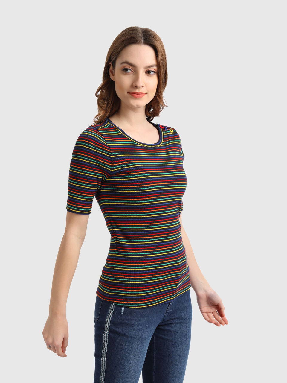 Rib Stripe Top with Shoulder Butin image number null