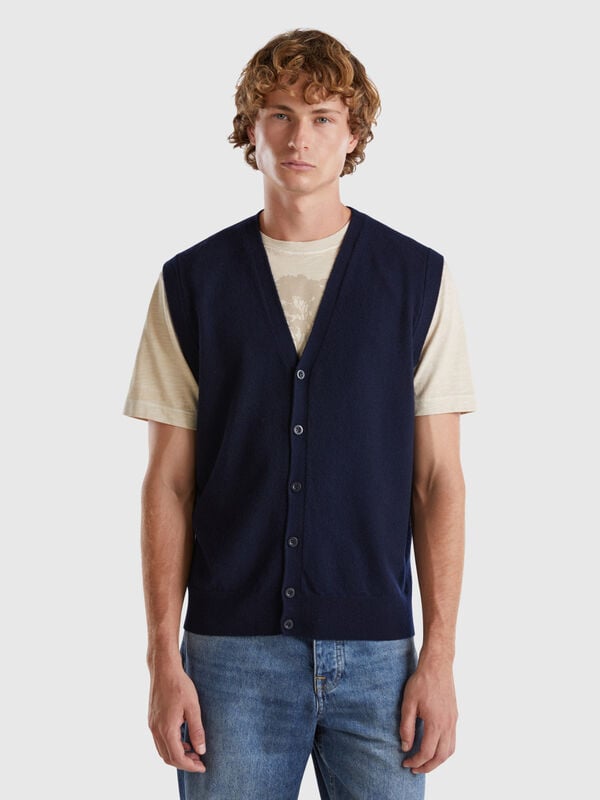 Dark blue vest in pure Merino wool Men