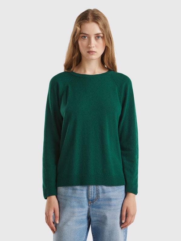 Forest green crew neck sweater in wool and cashmere blend Women