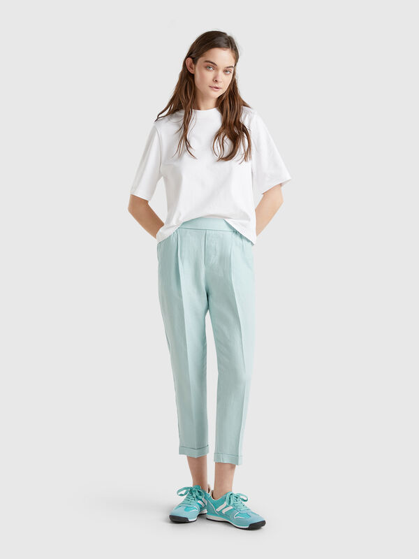 Cropped trousers in 100% linen Women