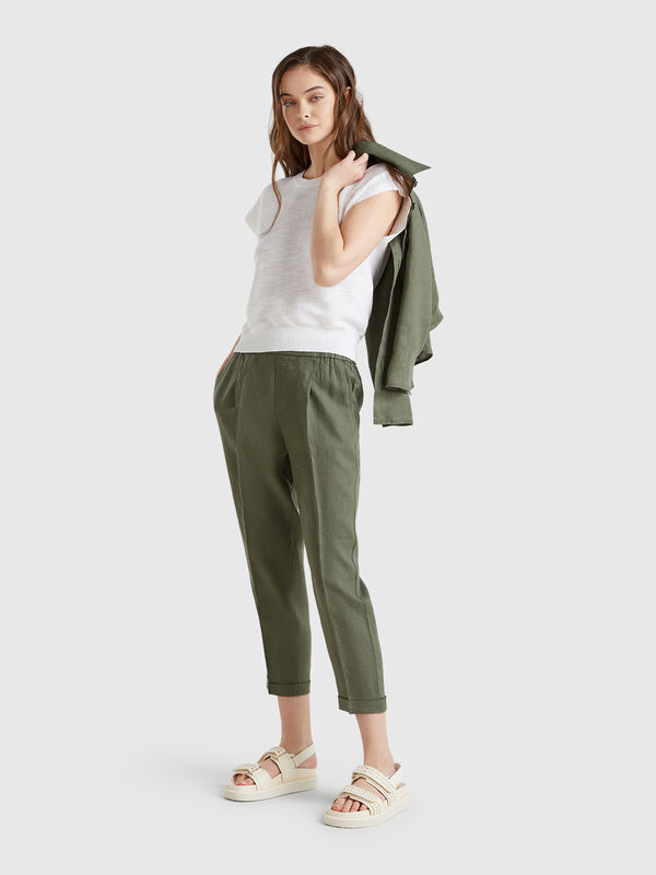 Cropped trousers in 100% linen Women