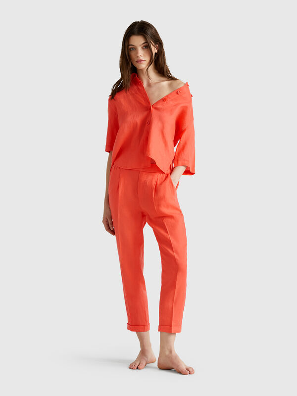 Cropped trousers in 100% linen Women