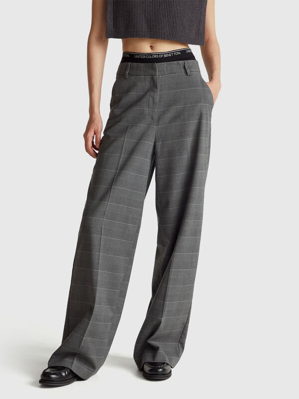 Gray wide-leg houndstooth trousers Women