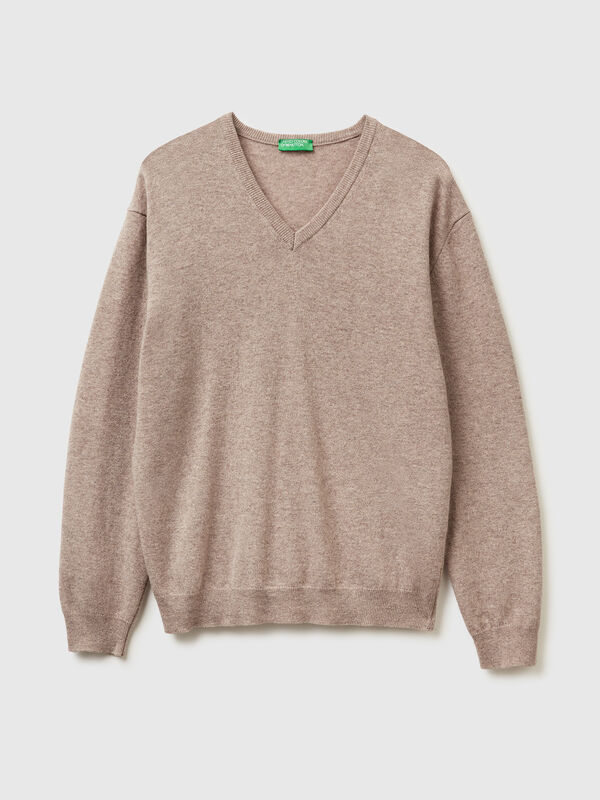 Brown mélange V-neck sweater in pure Merino wool Men