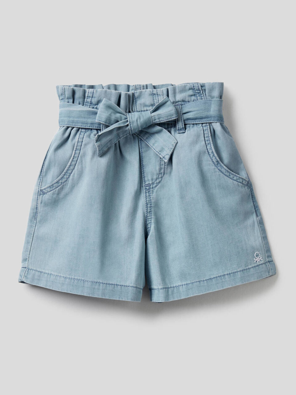 High Waisted Shorts In 100 Cotton Sky Blue Benetton