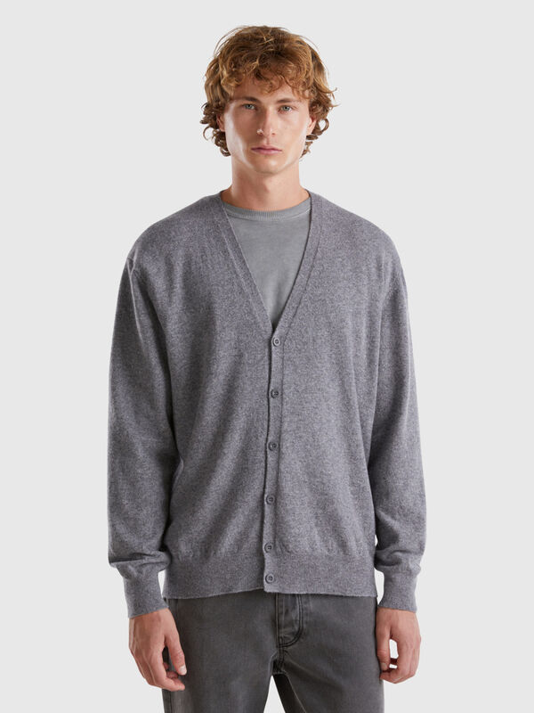 Dark gray V-neck cardigan in pure Merino wool Men