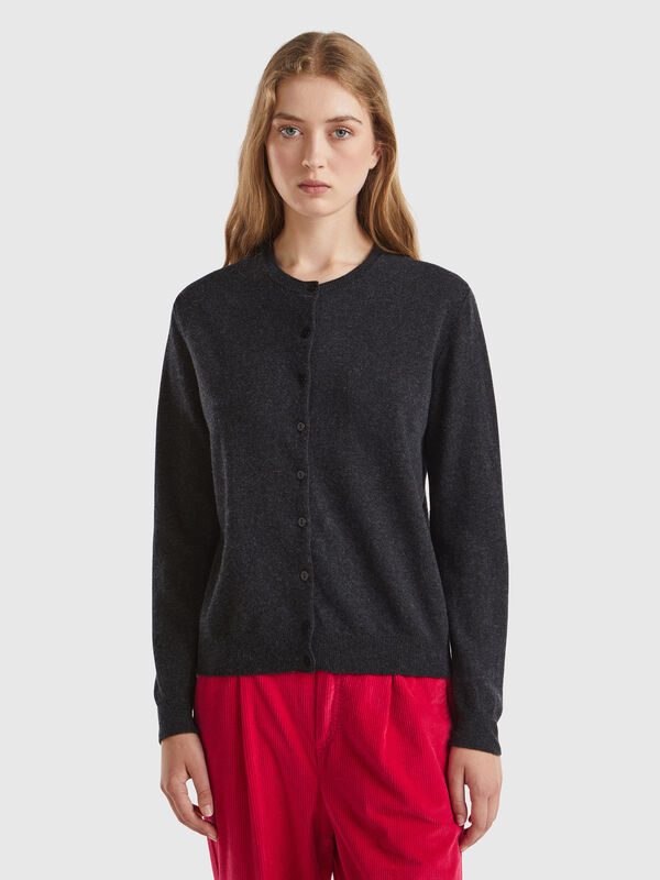 Dark gray crew neck cardigan in pure Merino wool Women