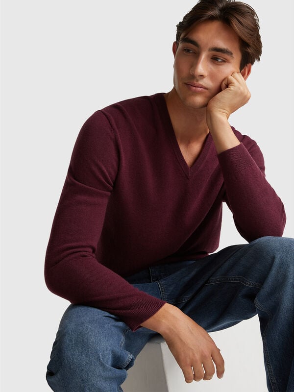 Plum V-neck sweater in pure Merino wool Men
