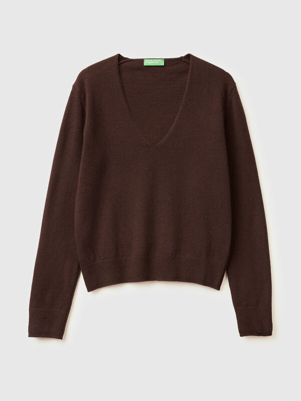 Brown V-neck sweater in pure Merino wool Women