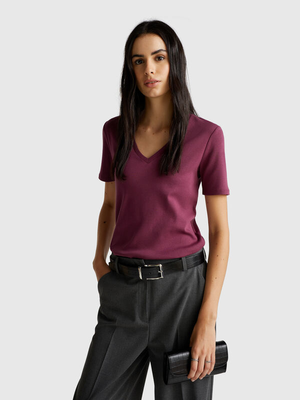 Pure cotton t-shirt with V-neck Women