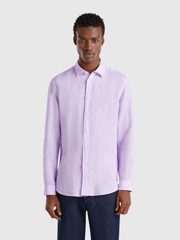 Lilac patterned shirt in pure linen Men