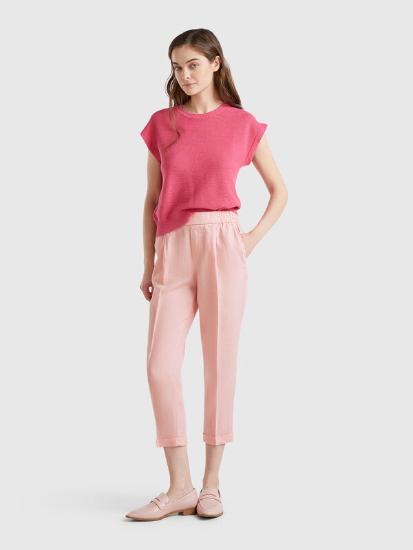 Cropped trousers in 100% linen Women