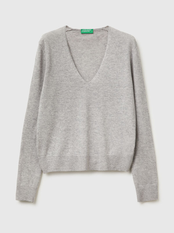 Marl gray V-neck sweater in pure Merino wool Women