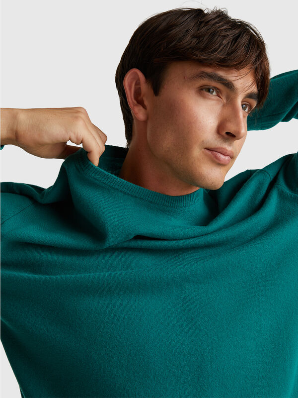 Forest green crew neck sweater in pure Merino wool Men