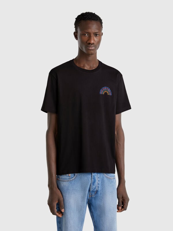 Black cotton T-shirt with white logo Men